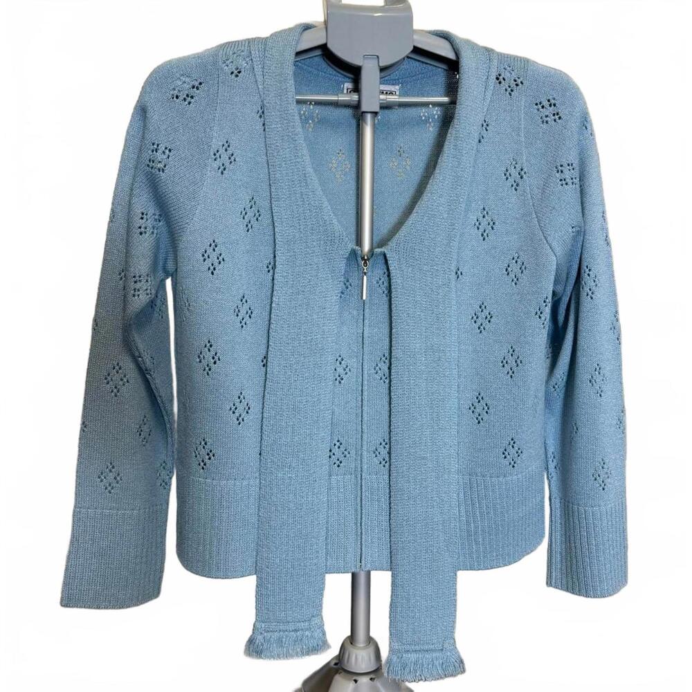 SAN REMO SWEATER LIGHT BLUE CARDIGAN ZIP FRONT SWEATER TOP BLOUSE W SCARF S NWOT